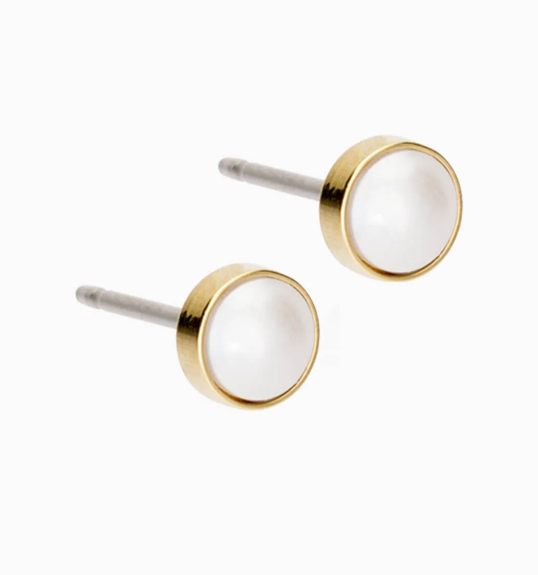 Golden Titanium 5mm Bezel White Pearl Earrings